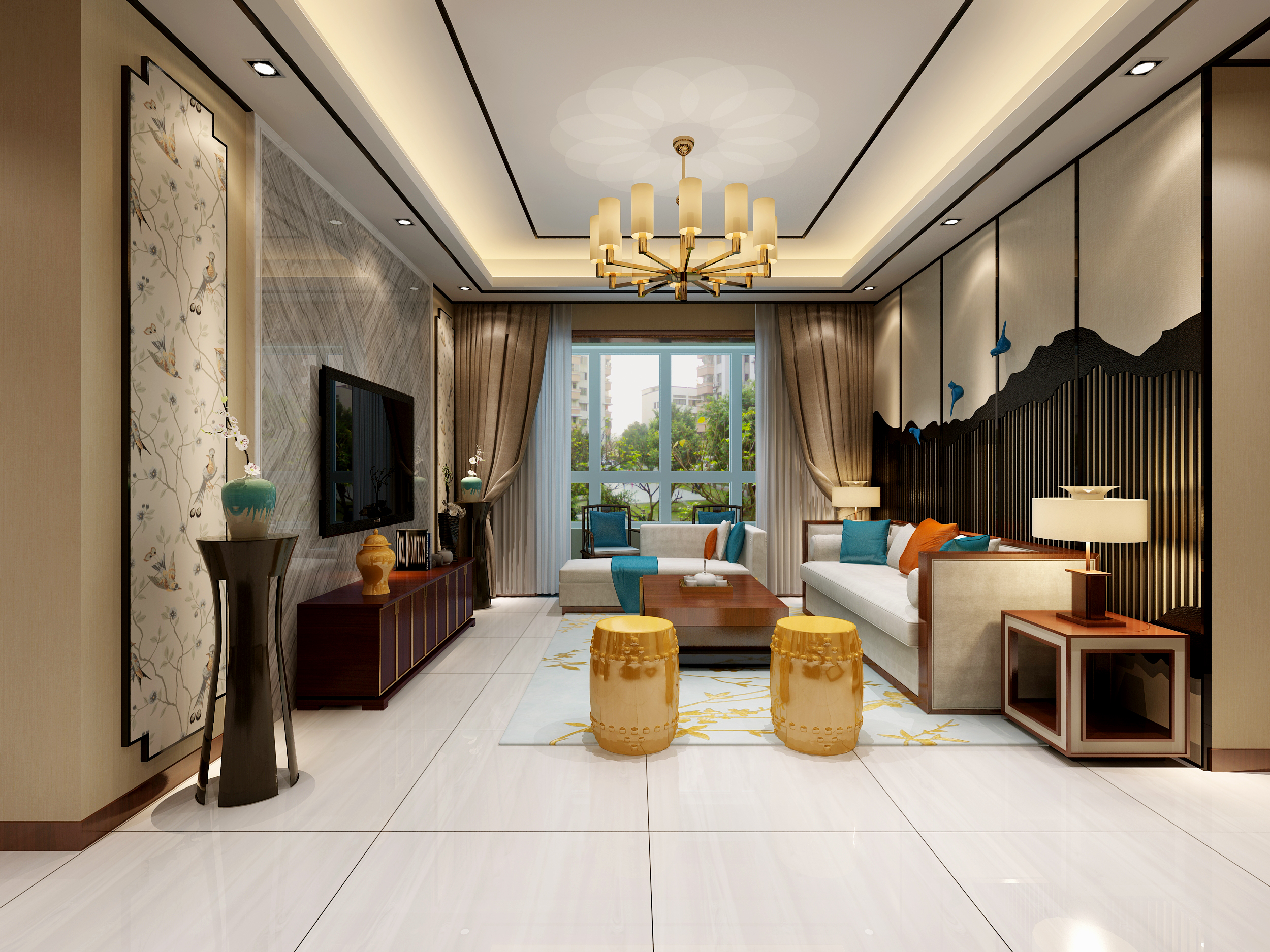 電視背景墻采用大理石來裝飾，兩邊壁紙造型相對稱。沙發背景墻采用_裝修美圖-新浪家居